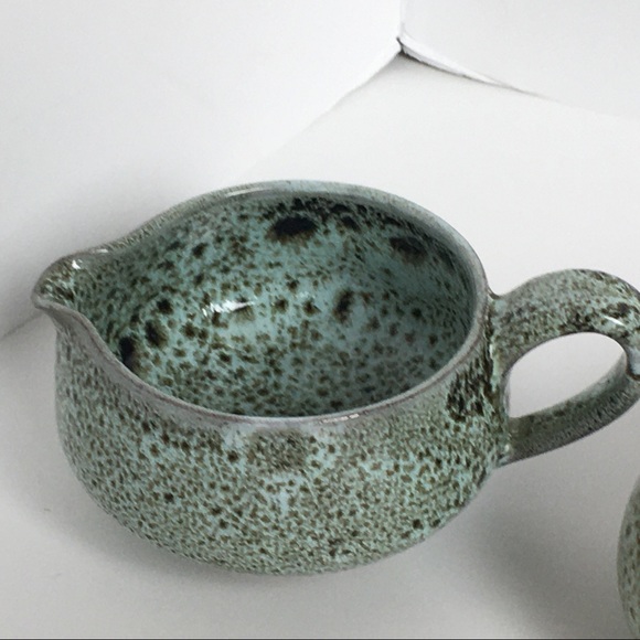 Sugar and creamer hand made speckled drip glaze green brown EUC unique vintage - Picture 14 of 16